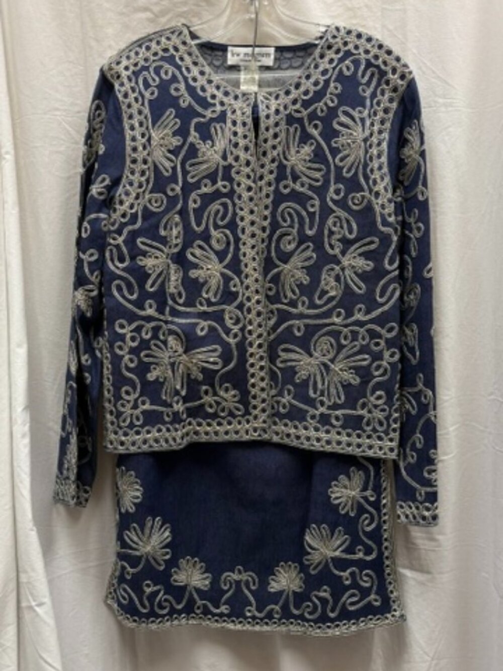 Vintage 90s Lew Magram Embroidered Denim Matching Jacket and Skirt Set